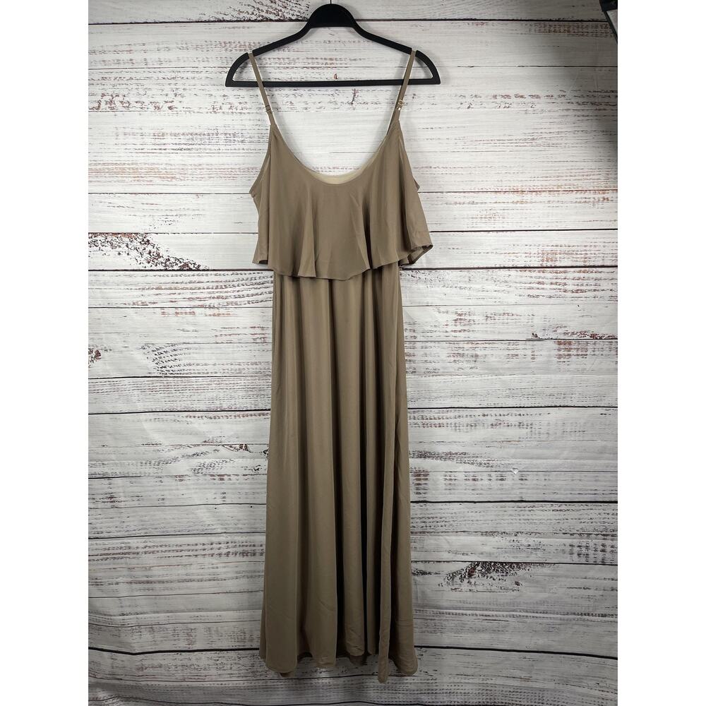 Show Me Your Mumu Dress Women's SZ XS Taupe Maxi Ruffle Overlay Spaghetti Strap - Picture 6 of 7